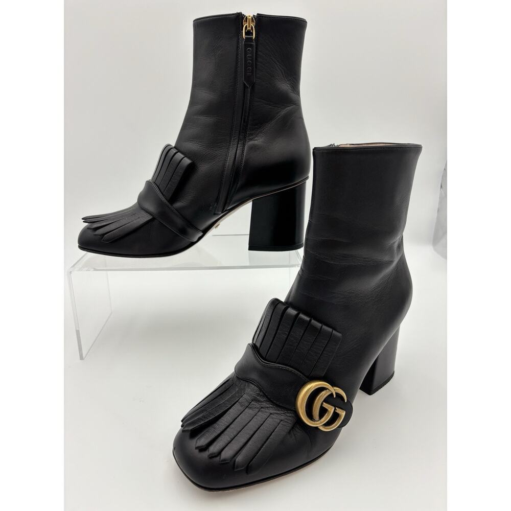 Gucci Marmont Ankle Boots Black Leather Size 38 / 8 Fringe GG Block Heel